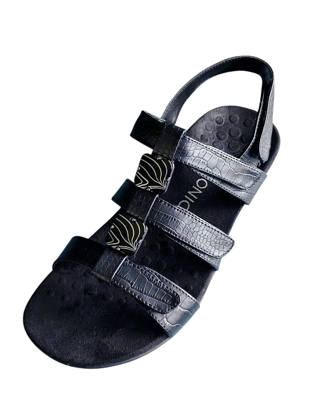 NEW Vionic Rest Amber Women's Black Strappy Comfort Sandals Croc Pattern Size 8